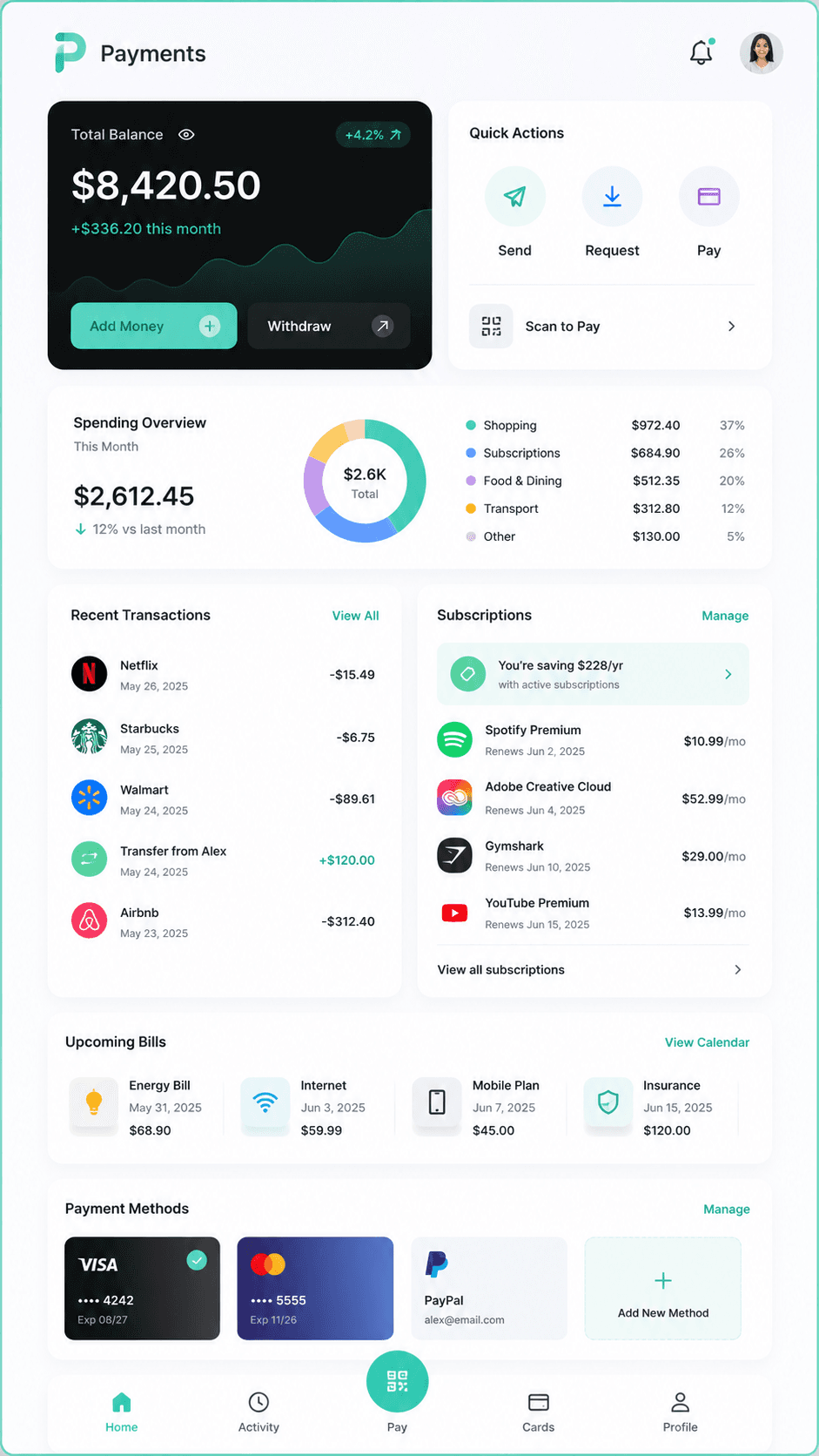 Payments · Mobile app mock-up